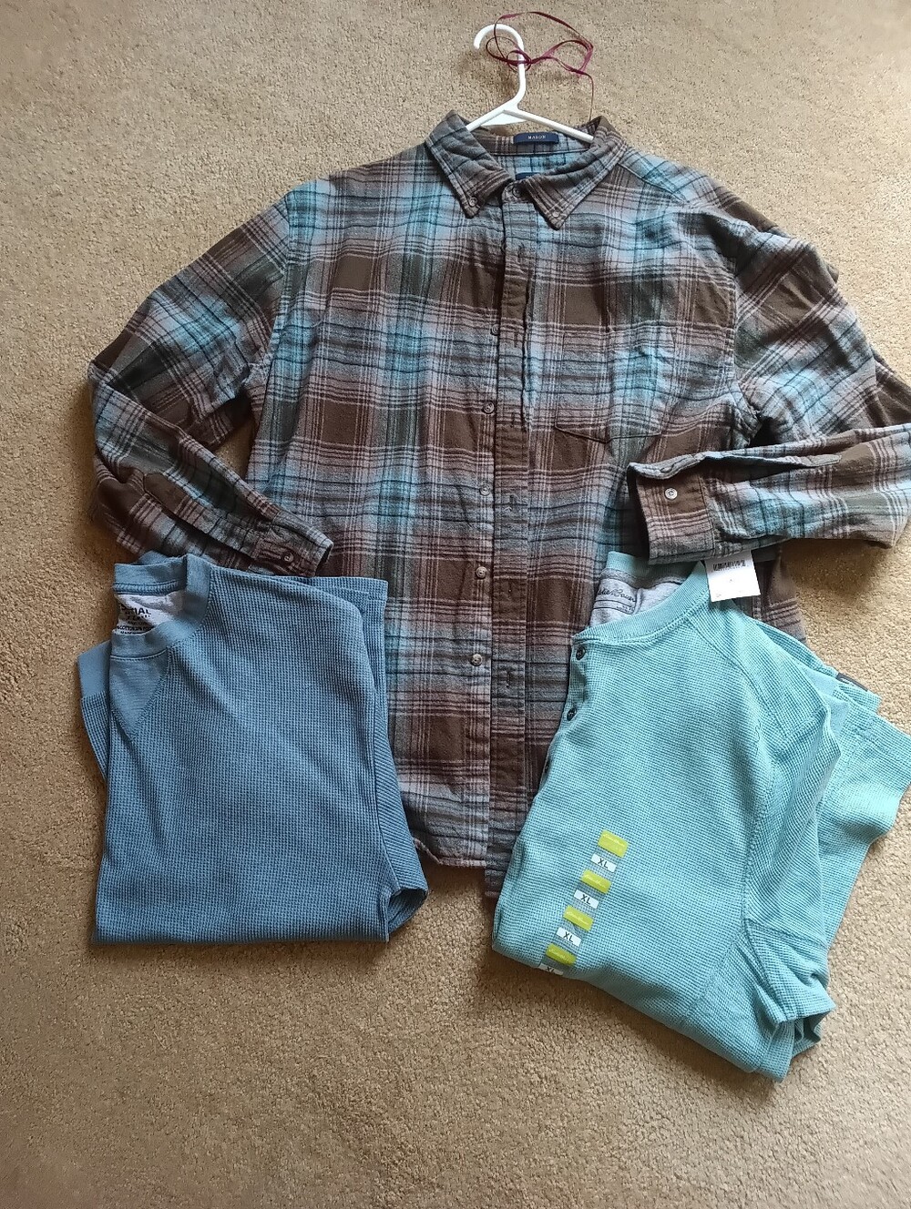Plaid Button-Up Shirt  to Layer with 2  Blue Knit Tops